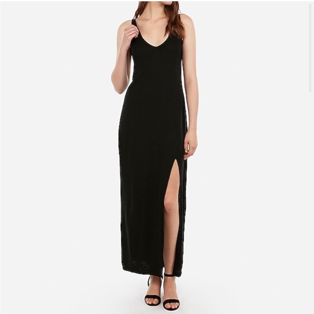 EXPRESS Black Front Slit V-neck Criss Cross Strappy Back Casual Maxi Dress Sz L